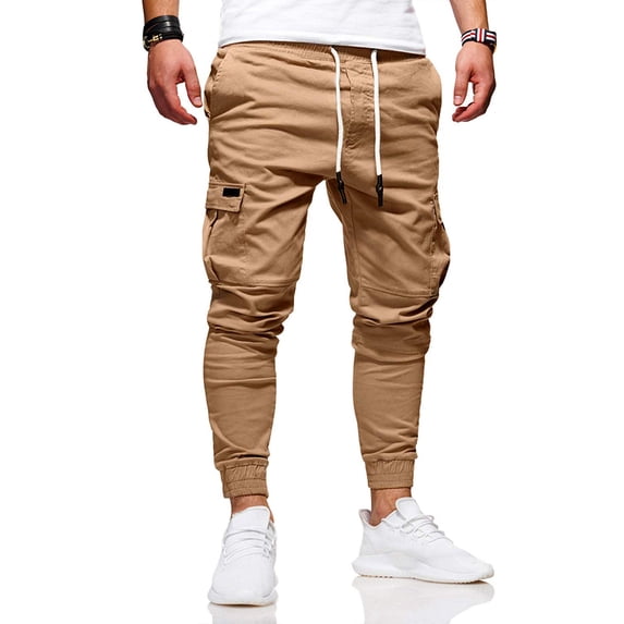 Men's High Waist Cargo Pants with Drawstring and Pockets Casual Solid Color Long Trousers for Sports and Fitness Khaki pants L