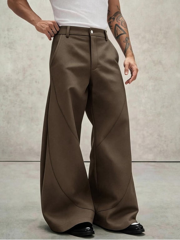 Men's High Waist Flare Leg Pants, Button Front Zip Fly Side Pocket Trousers, Loose Fit Full Length Bottom, Y2K Streetwear Everyday Wear