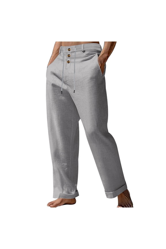 Men's High Waist Linen Straight Leg Beach Pants, Adjustable Drawstring, Suitable for Spring & Autumn