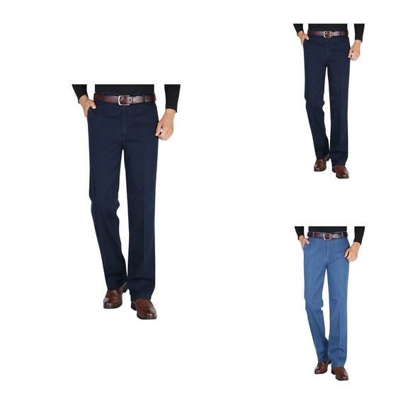 Men's High Waist Straight Fit Jeans, Classic Stretch Denim Pants, Elastic Comfort Trousers