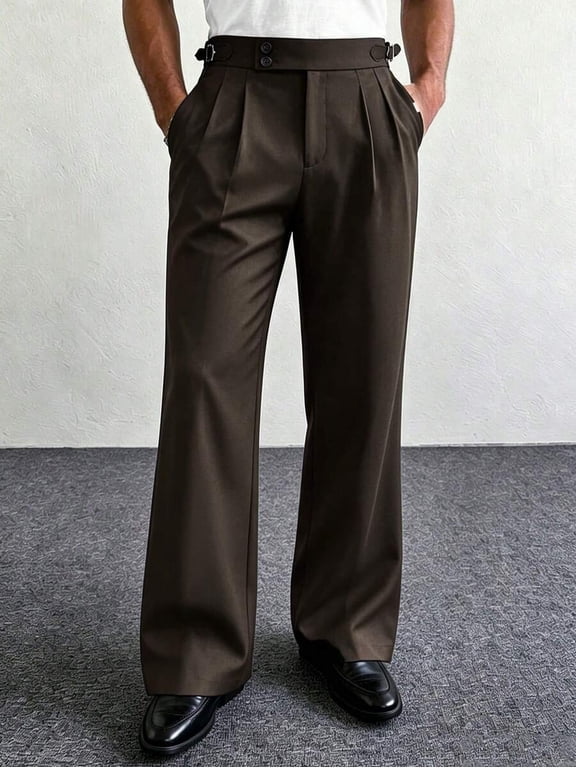 Men's  High Waisted Flared Trousers Pleated Front Adjuster Buckle Loose Fit Full Length Pants with Pockets