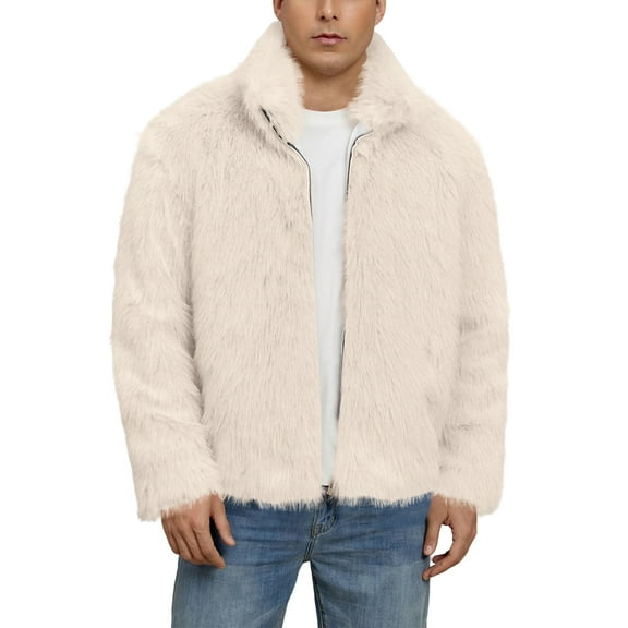 Men's High-neck Faux Fox Fur Jacket Beige L