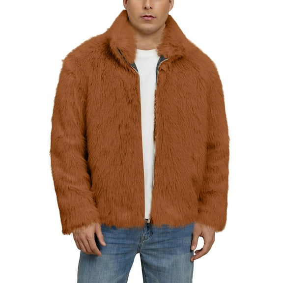 Men's High-neck Faux Fox Fur Jacket Camel L