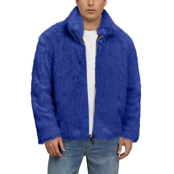 Men's High-neck Faux Fox Fur Jacket Royal Blue M