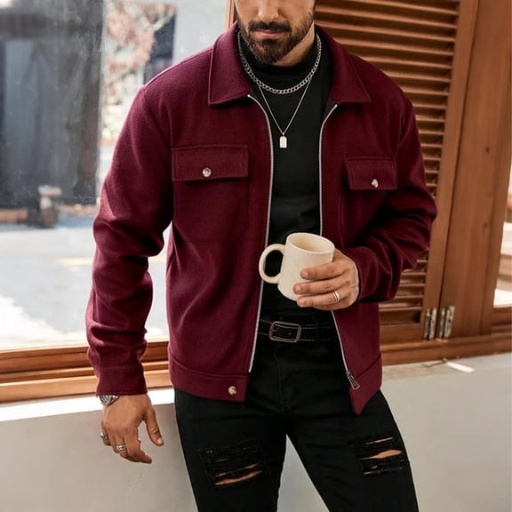 Men's High-street Fashion Wool Zip-up Jacket Wine L