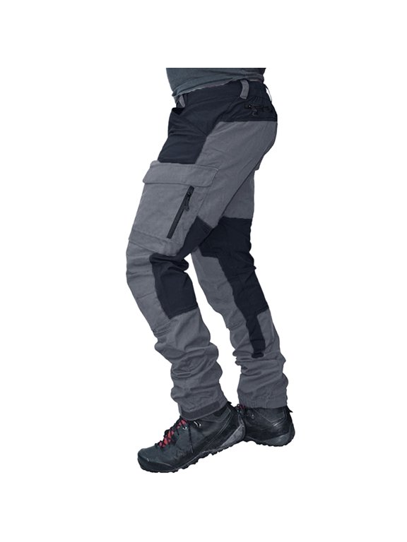 Men's Hiking Cargo Pants, Two-Tone Color Block Multiple Pockets with Zipper Closure Casual Work Pants, Utility Design for Outdoor Activities and Street Style Grey XL