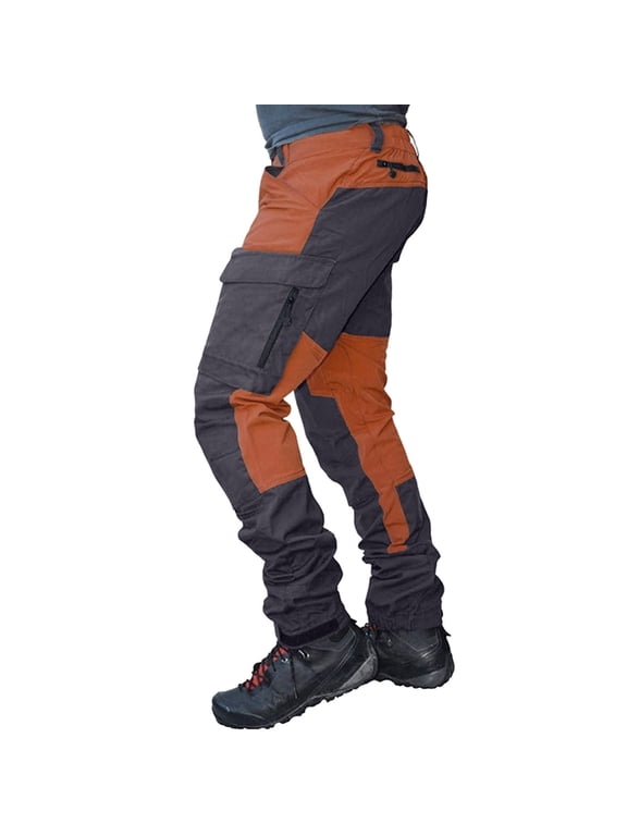 Men's Hiking Cargo Pants, Two-Tone Color Block Multiple Pockets with Zipper Closure Casual Work Pants, Utility Design for Outdoor Activities and Street Style Orange XXXL