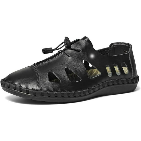 Men's Hiking Leather Sandals Male Summer Fisherman Hollow Breathable Water Shoes Black 43 EU