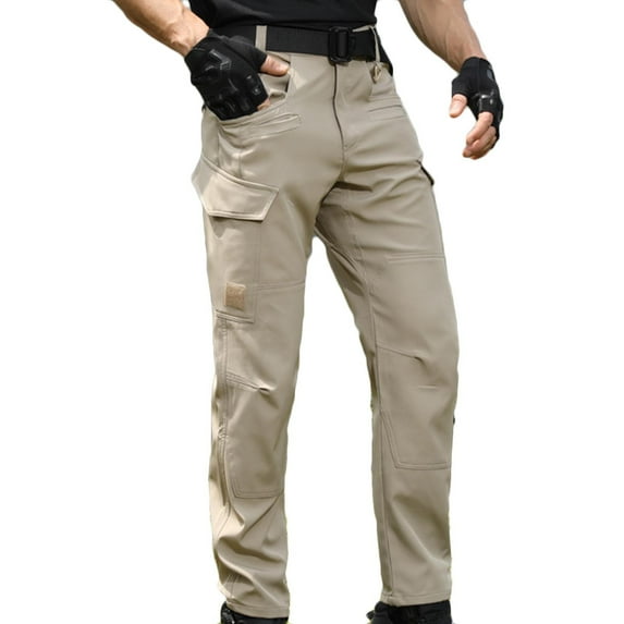 Men's Hiking Pants, Tactical Work Pants for Men, Lightweight Straight Leg Long Cargo Pants Multi Pockets Casual Trousers Outdoor Apparel, Lined-Khaki, XL