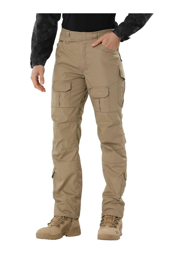 Men's Hiking Pants with 10 Pockets Ripstop Work Hunting Pants(No Belt)Khaki,Size 36