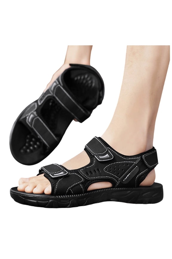 Men's Hiking Sandals with Arch Support Open Toe Leather Outdoor Beach Shoes Memory Foam Summer Trendy Slide Sandal with Buckles Black 7.5