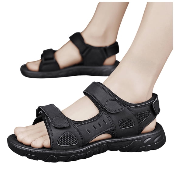 Men's Hiking Sandals with Arch Support Open Toe Leather Outdoor Beach Shoes Memory Foam Summer Trendy Slide Sandal with Buckles Black 7.5