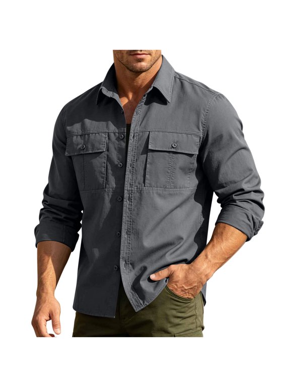 Men's Hiking Shirt Quick Dry Safari Shirts Long Sleeve Button Down Tactical Breathable for Outdoor Fishing