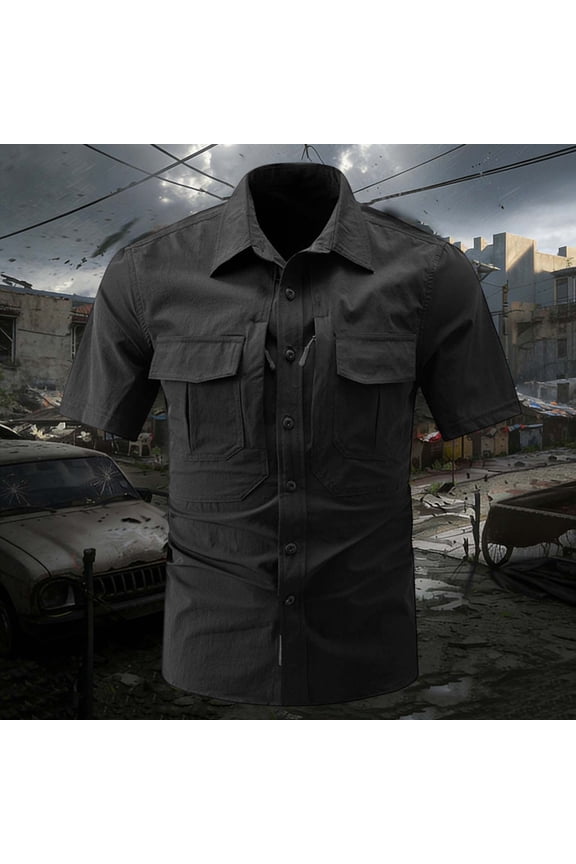 Men's Hiking Shirts Summer Solid Easy Care Button Up Shirts with Multi Pockets Outdoor Lightweight Tops for Work