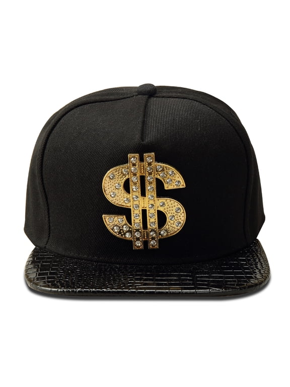Men's Hip Hop Flat brimmed Hat flat brim hat Dollar Sign Snapback Hat with Gold Crystal Emblem, Faux Leather Brim Hip hop baseball cap
