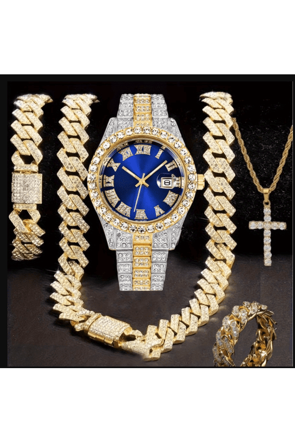 Men's Hip Hop Jewelry Set, Cuban Link chain, Pendant Necklace, Matching Bracelet and Fashion Watch