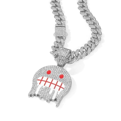 YOHAX Men's Hip Hop Long Necklace Alloy Full Diamond Smiling