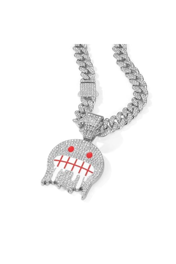 Men's Hip Hop Long Necklace Alloy Full Diamond Smiling Face Pendant Hip Hop Style Necklace Jewelry Men's Stress Relief Fashion Men's Personalized Accessories (Red Smiling Silver Pendant)23.62in