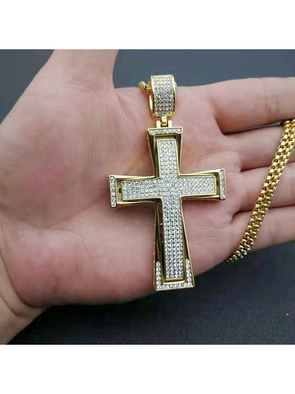 Mens Hip Hop Rock Iced Out Bling Big Cross 14K Gold Filled Pendant Necklace, Rapper Fashion Jewelry Gift