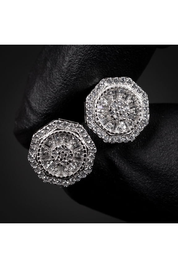 Men's Round White Gold 925 Sterling Silver Screw Back Post Cz Hip Hop Octagon Baguette Cut Cluster Stud Circle Earrings