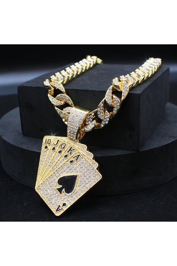 Men's Hip Hop Sporty Style Golden Plated Cuban Chain Necklace with Spade Ace of Clubs Pendant & Synthetic Synthetic Zirconia Stones - Luxury Gift Box Included for Parties