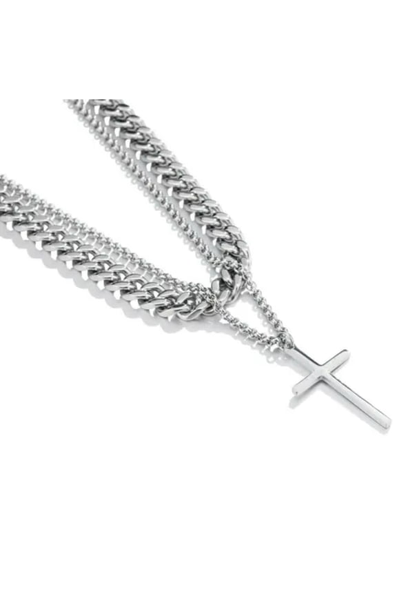 Men's Hip Hop Titanium Steel Cross Cuban Curb & Round Link Chain Layer Necklace