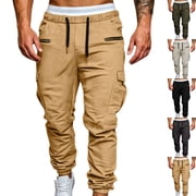Mens Hip Hop Urban Style Streetwear Cargo Pants Slim Fit Stacked Joggers Zipper Multi Pocket Techwear Tapered Jogger Pants for Fall, Khaki, M