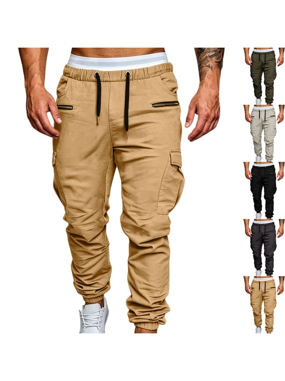 Men's Hip Hop Urban Style Streetwear Cargo Pants Slim Fit Stacked Joggers Zipper Multi Pocket Techwear Tapered Jogger Pants for Fall, Khaki, XL