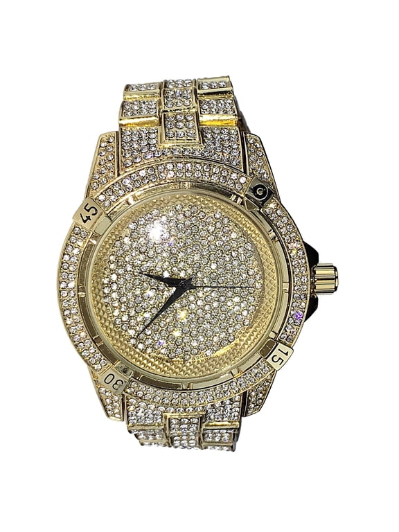 Men's Hip Hop Watch Big Face Heavy Ice Micro Pave Blinged-Out Gold Finish 9" Inch