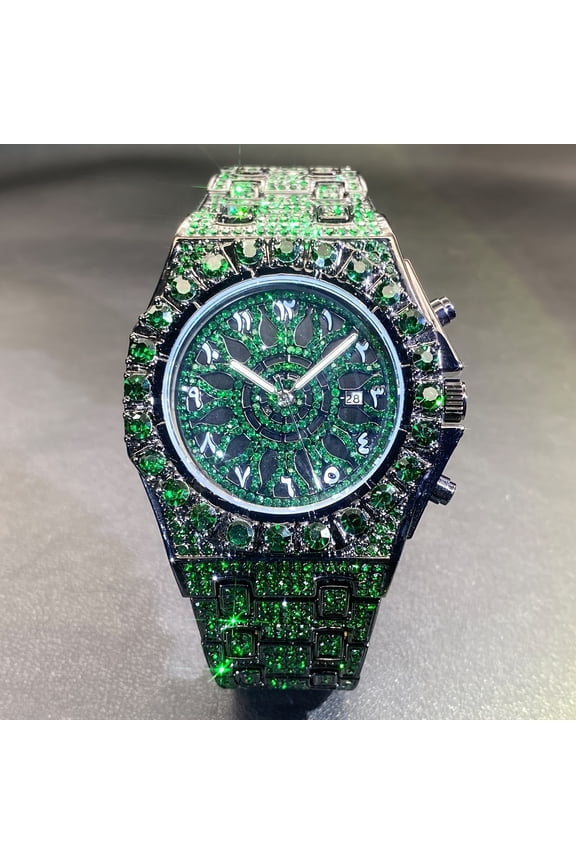 Men's Hip-hop Watch, Dating Party Men's Watch, Large Dial Green Ice Rhinestone, Luminous Pointer Clock, Men's Luxury Gift