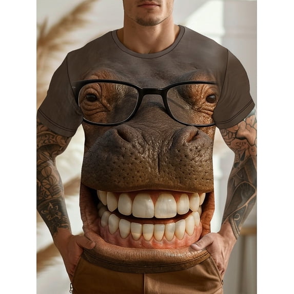 Men's Hippo Print T-Shirt - Casual Short Sleeve Crew Neck T-Shirt Machine Washable - 3D Digital Animal Pattern Shirt, Party, Casual Dress