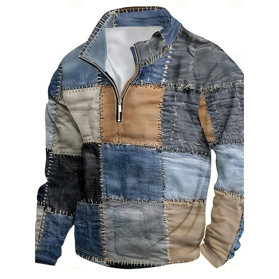 Men's Hippy Shirts Quarter Zip Pullover Plaid Patchwork Sweatshirt Long Sleeve Vintage Streetwear Tops for Men Blue L