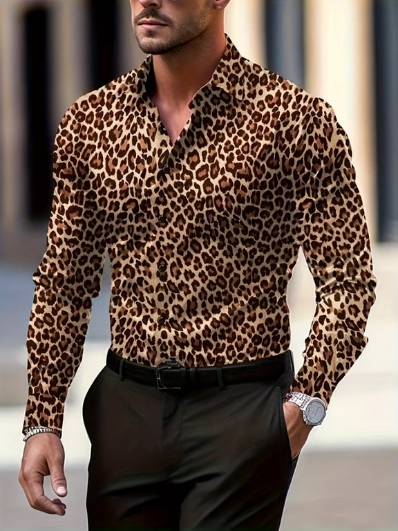 Men's Hipster Fitted Leopard Dress Shirt Long Sleeve Button Down Printed Shirt for Party Prom Brown L