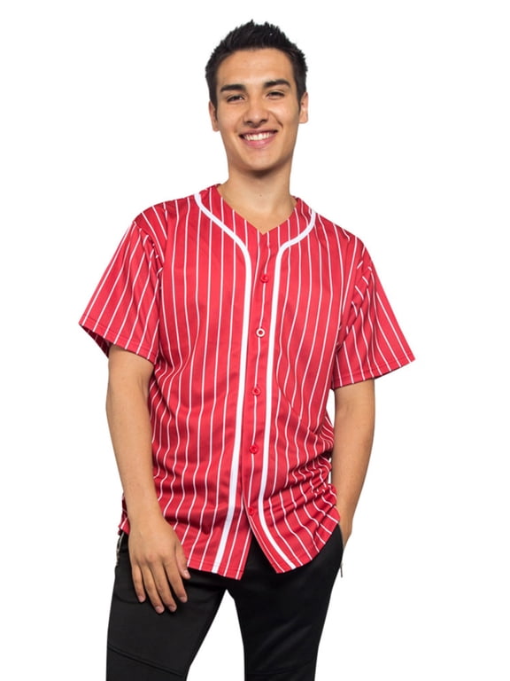 Men's Hipster Hip Hop Button Down Pin Striped Baseball Jersey Short Sleeve Shirt BJ44 - Red - Medium