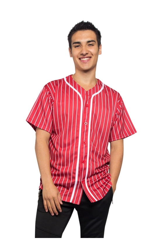 Men's Hipster Hip Hop Button Down Pin Striped Baseball Jersey Short Sleeve Shirt BJ44 - Red - Medium