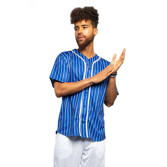 Men's Hipster Hip Hop Button Down Pin Striped Baseball Jersey Short Sleeve Shirt BJ44 - Royal Blue - 3X-Large
