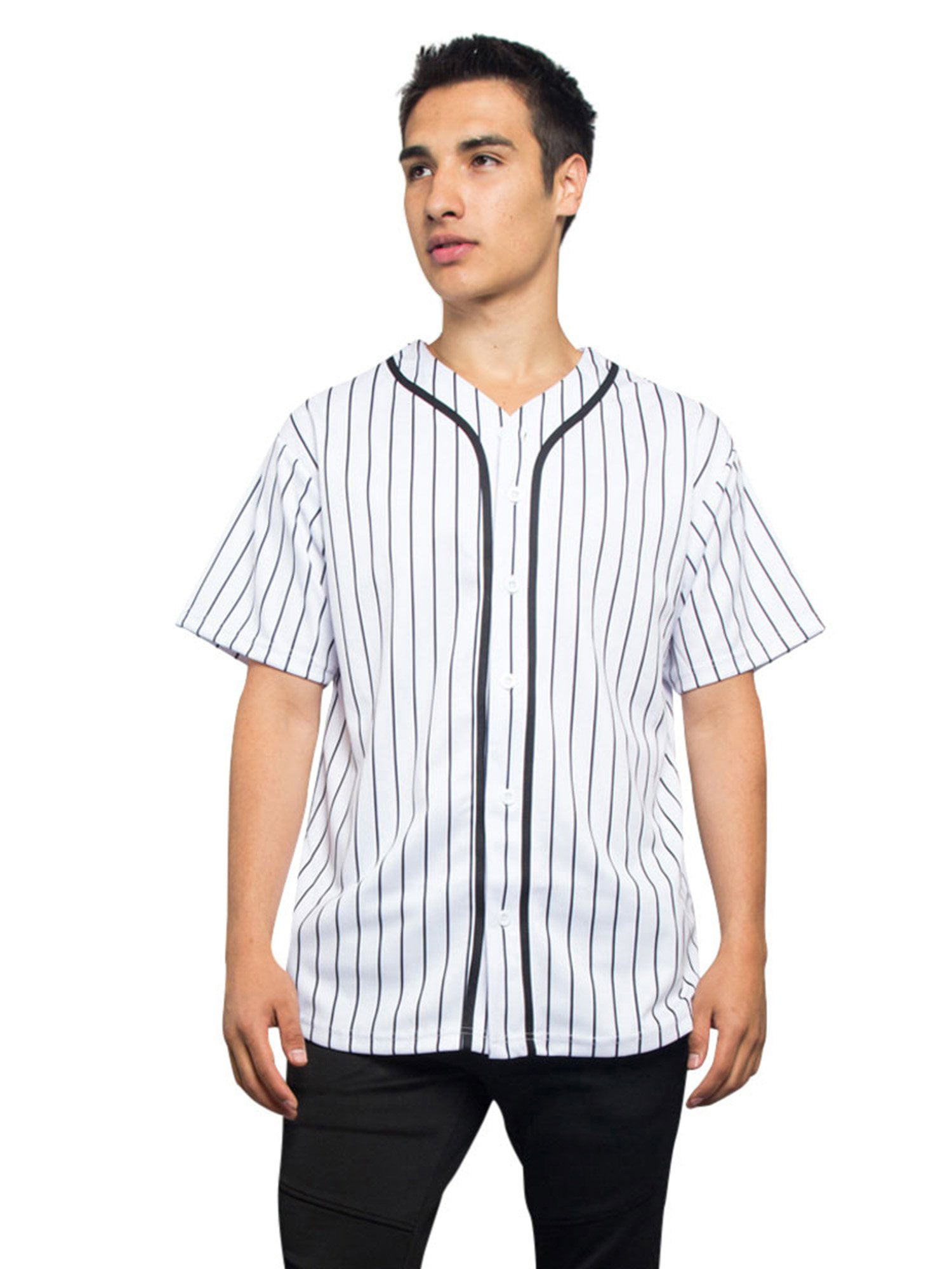 Men's Hipster Hip Hop Button Down Pin Striped Baseball Jersey Short Sleeve  Shirt BJ44 - White - 2X-Large