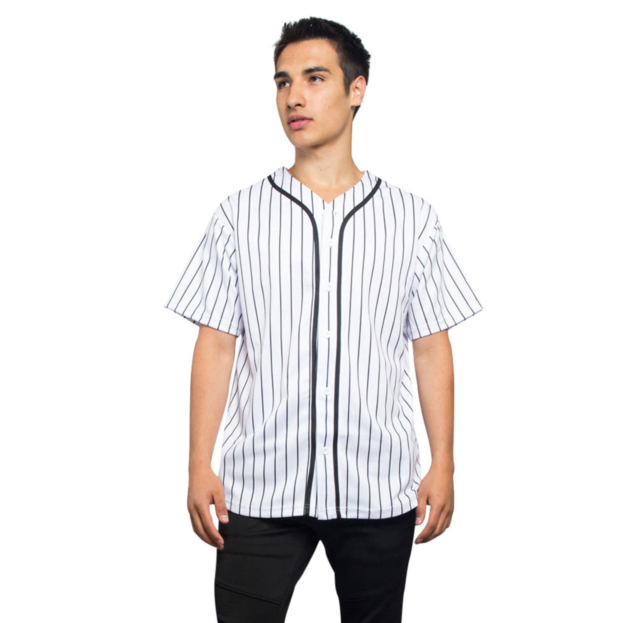 Men's Hipster Hip Hop Button Down Pin Striped Baseball Jersey Short Sleeve  Shirt BJ44 - White - Large 