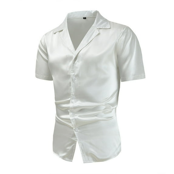 Men's Hipster Shiny Silk Satin Shirt Regular Fit Short Sleeve Casual Button Down Dress Shirts for Summer Party Wedding