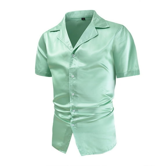 Men's Hipster Shiny Silk Satin Shirt Regular Fit Short Sleeve Casual Button Down Dress Shirts for Summer Party Wedding