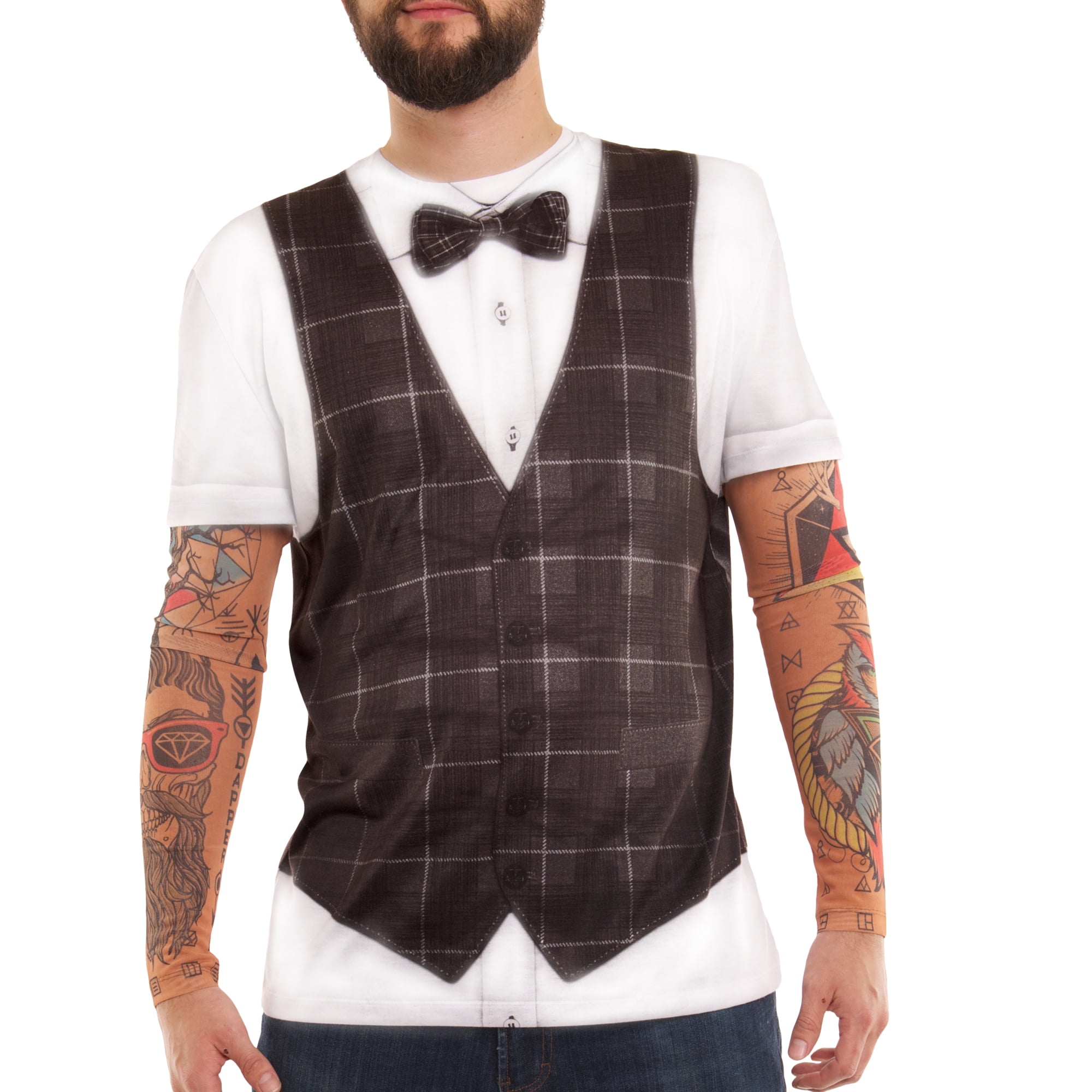 Men's Hipster Vest Tattoo Tee Shirt with Tattoo Mesh Long Sleeves ...