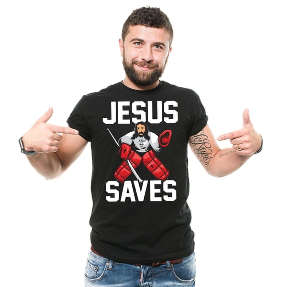 Men's Hockey T-Shirt Funny Hockey Shirt Jesus Goalkeeper T-Shirt Funny Jesus Saves Hockey T-Shirt (4X-Large Black)