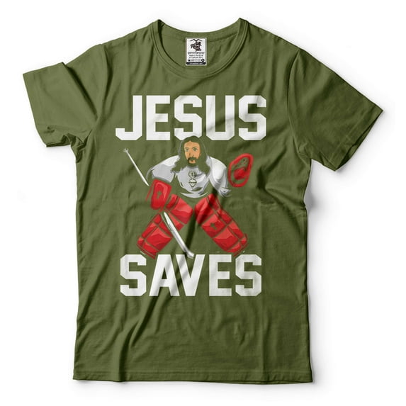 Men's Hockey T-Shirt Funny Hockey Shirt Jesus Goalkeeper T-Shirt Funny Jesus Saves Hockey T-Shirt (4X-Large Military Green)