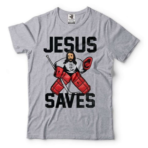 Men's Hockey T-Shirt Funny Hockey Shirt Jesus Goalkeeper T-Shirt Funny Jesus Saves Hockey T-Shirt (Large Grey)