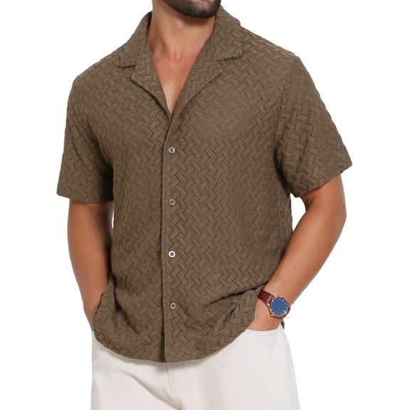 Men's Hollow Jacquard Shirt Camp Collar Short Sleeve Beach Texture Shirts L Brown