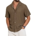 thumbnail image 1 of Men's Hollow Jacquard Shirt Camp Collar Short Sleeve Beach Texture Shirts XL Brown, 1 of 5