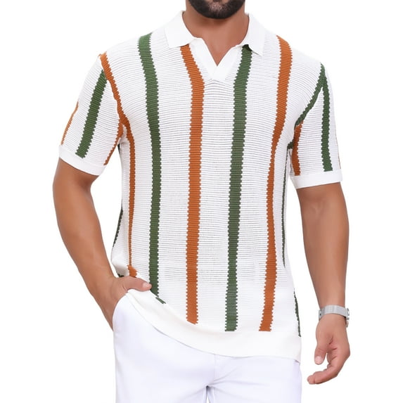 Men's Hollow Knit Polo Shirt V Neck Short Sleeve Golf Polo Shirts M White