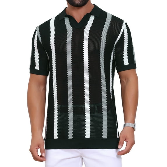 Men's Hollow Knit Polo Shirt V Neck Short Sleeve Golf Polo Shirts S Black