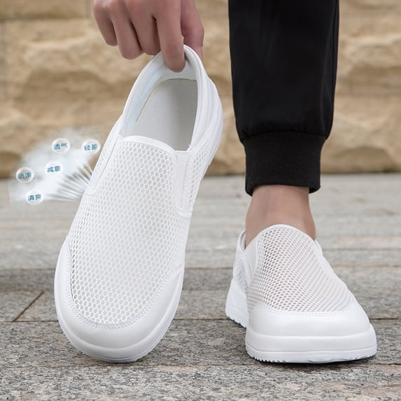 Men's Hollow Mesh Slip On White Loafers Breathable Big Size Non Slip Casual Walking Shoes