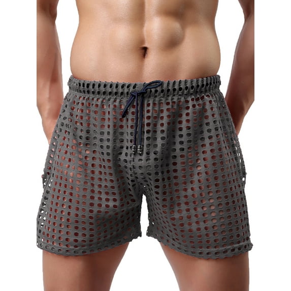 Men's Hollow See Through Shorts Drawstring Loose Lounge Pants Swim Shorts Cover Up Boxer Trunks